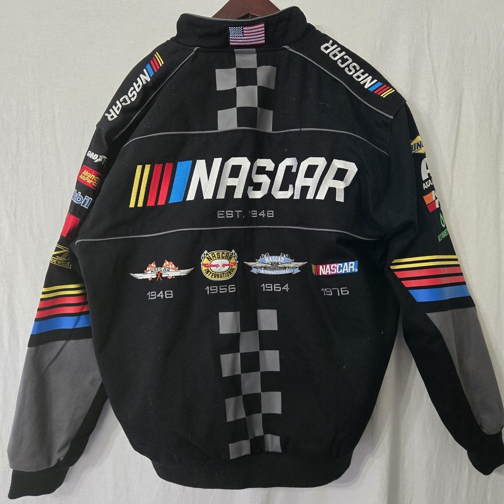 JH Design Nascar Racing Logo Jacket Sz Large Racing Stripes Embroidered
